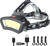 Headlamp with USB cable and hooks on a white background
